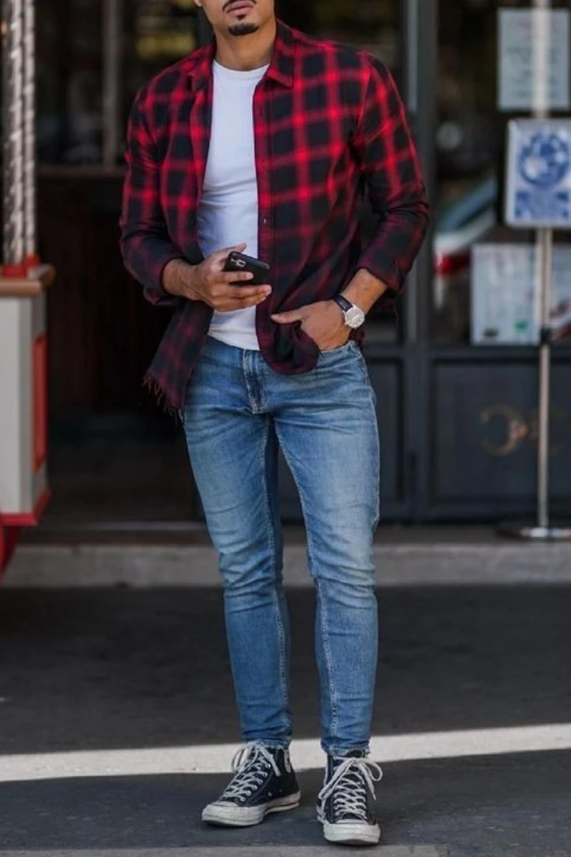 Red black check shirt with blue jeans