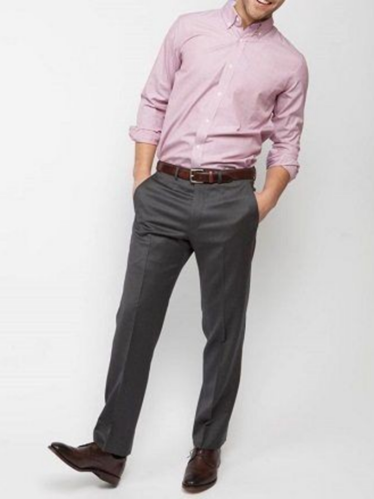 Pink shirt with dark grey pants