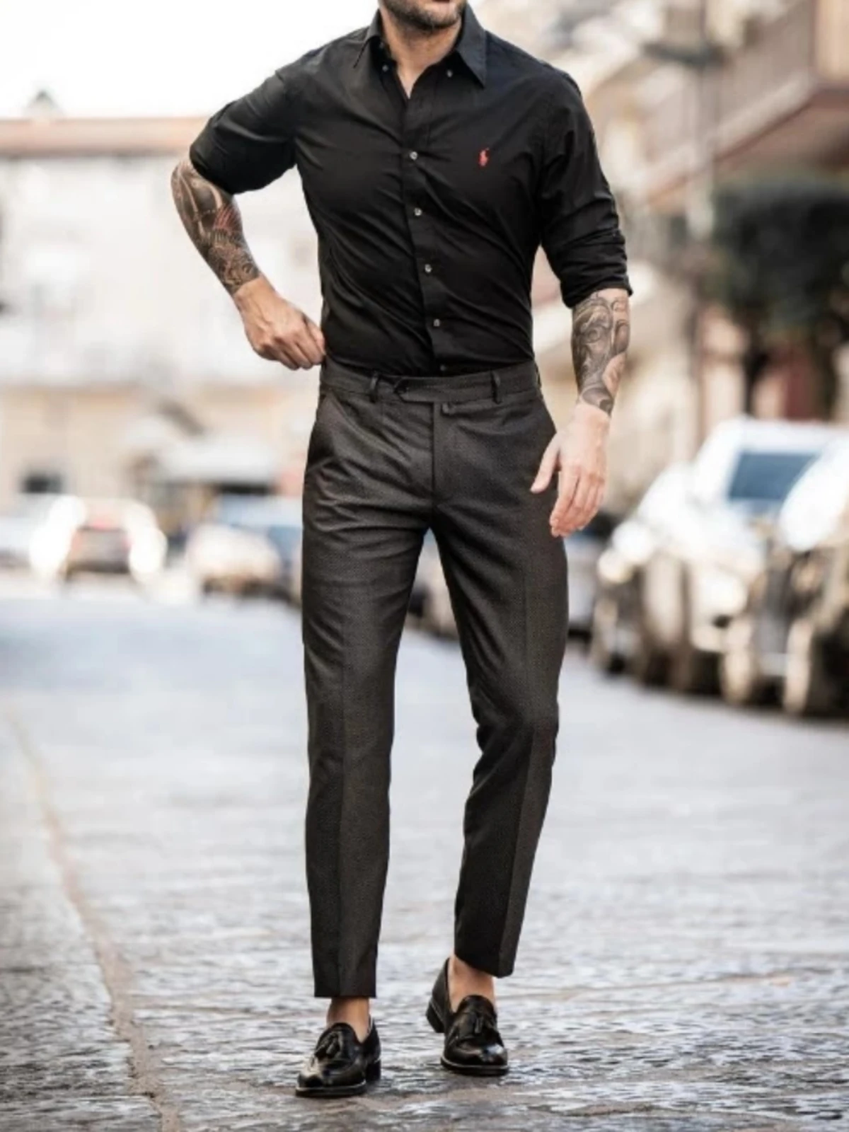 Black shirt with dark grey pants