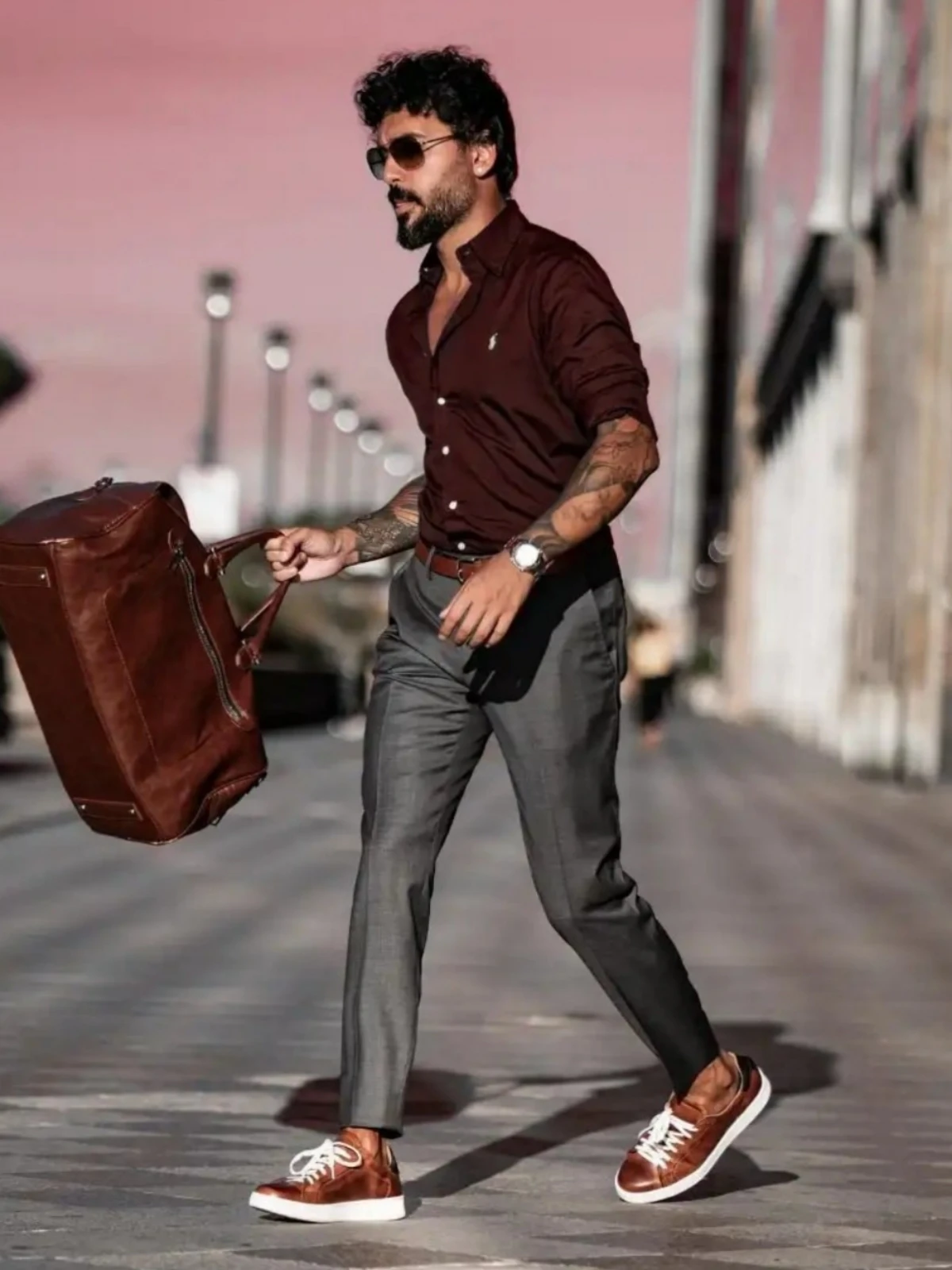 Burgundy shirt with dark grey pants