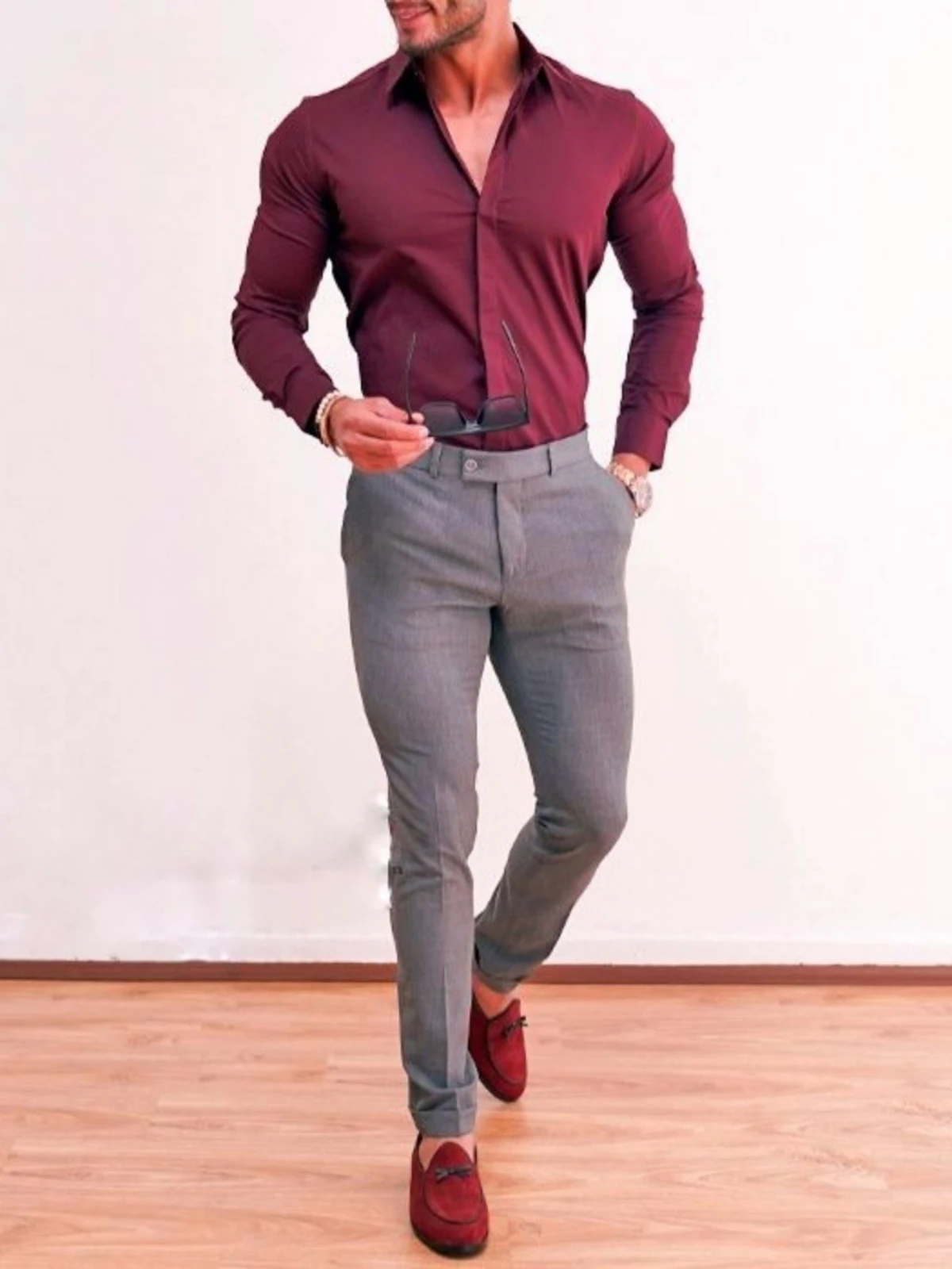 Maroon shirt with dark grey pants