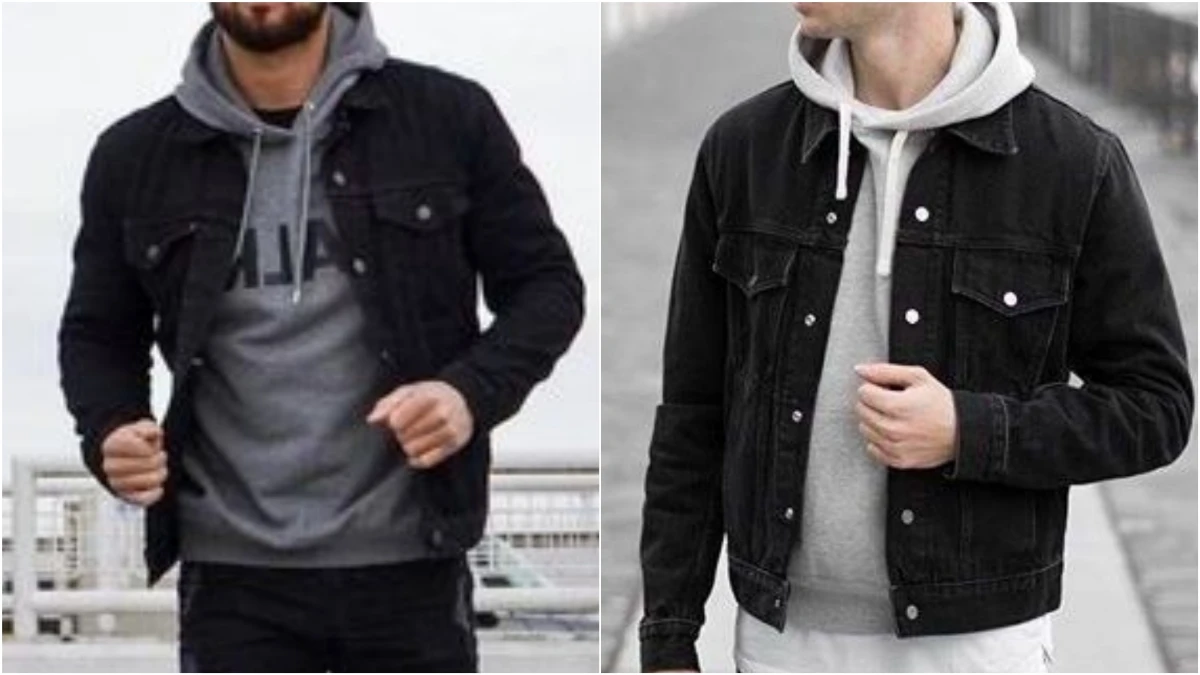 Balck denim jacket with highneck 