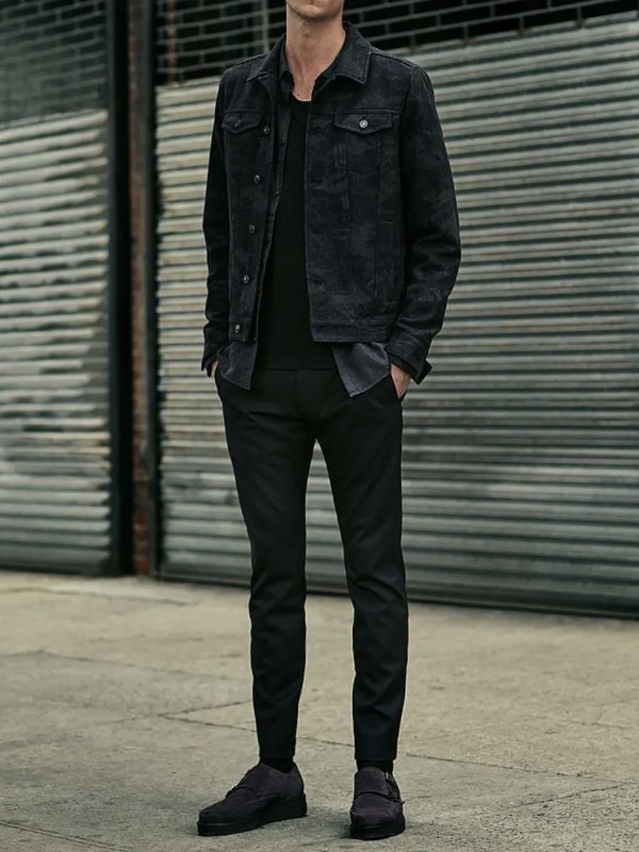 Black Denim Jacket with Black tshirt and Black trousers