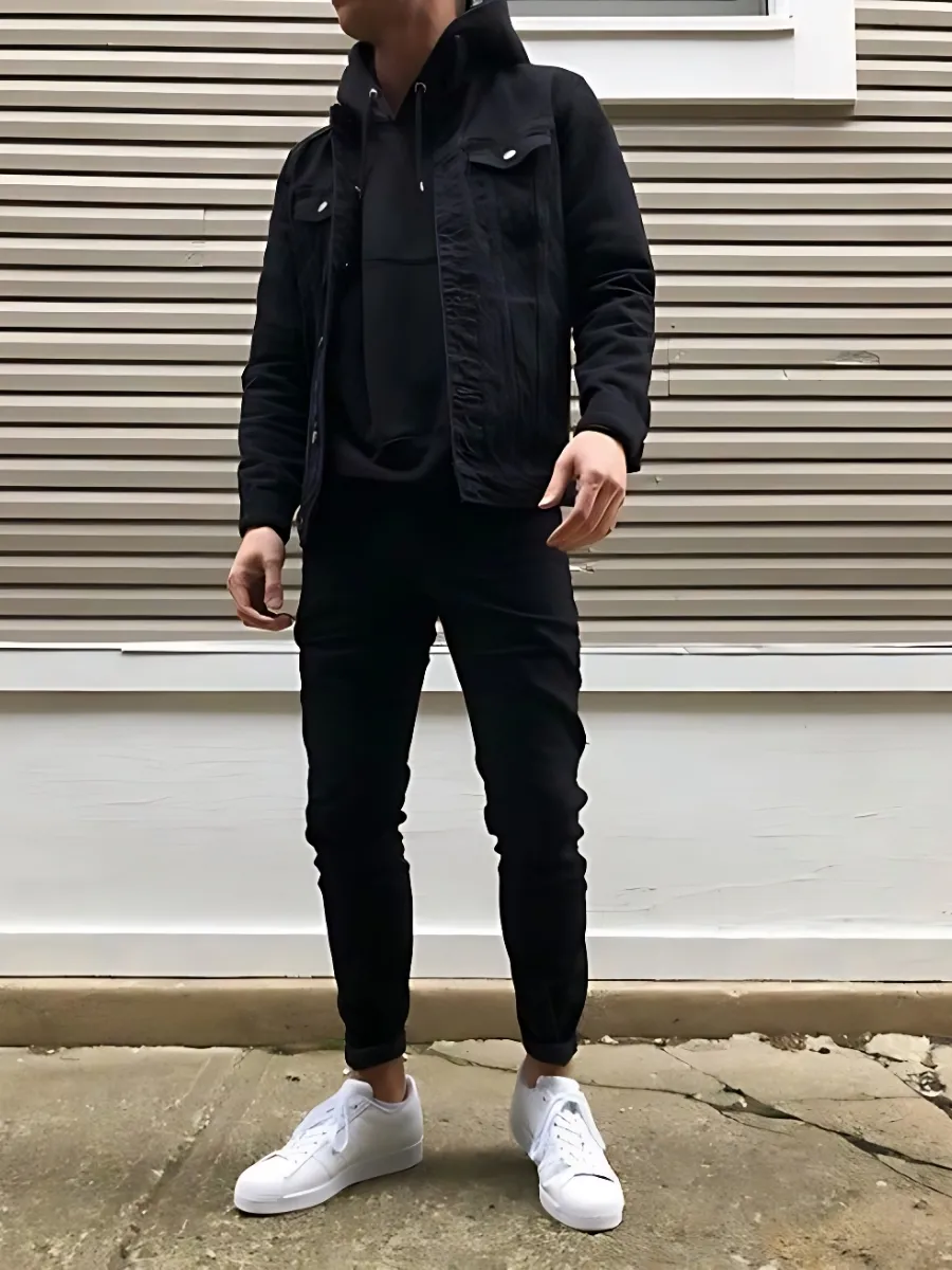 Black Denim Jacket with Black hoodies and Black jeans