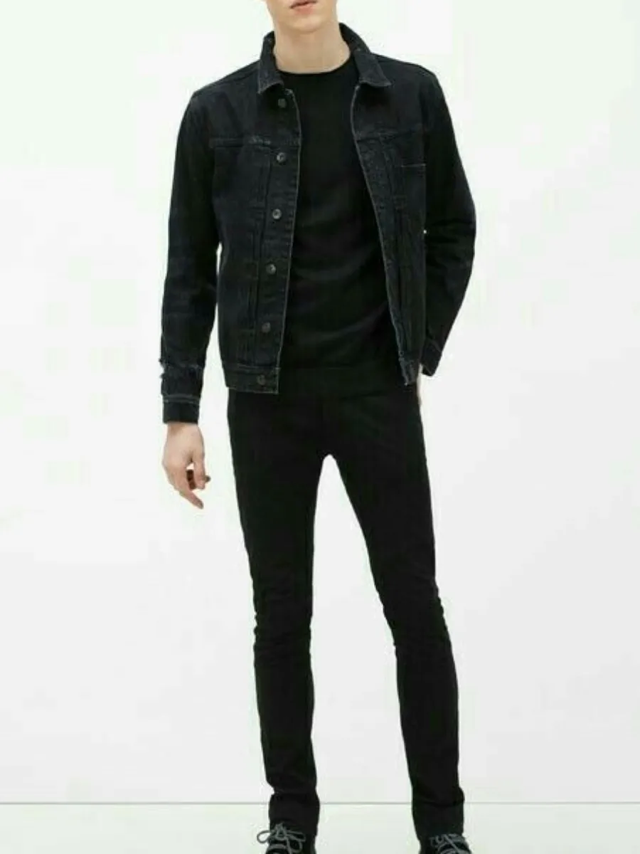 Black Denim Jacket with Black t shirt and Black jeans