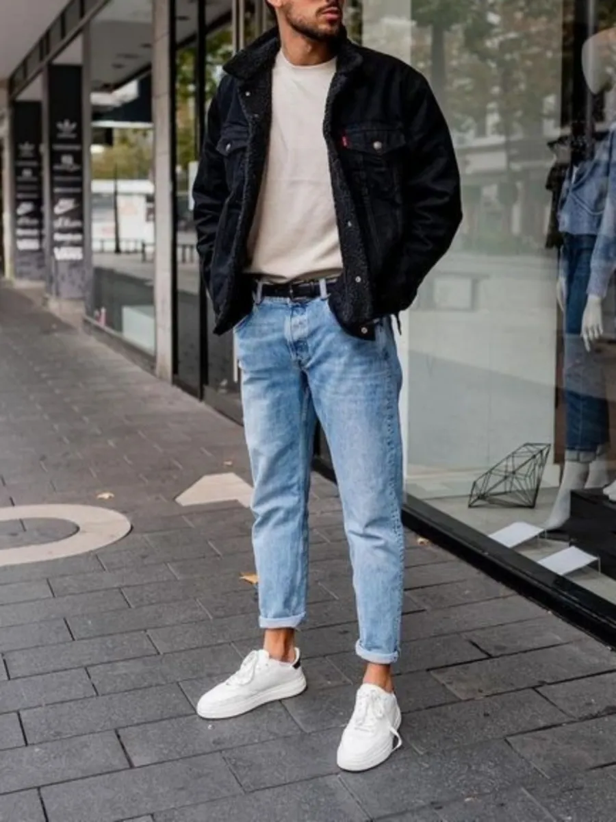 Black Denim Jacket with White T-Shirt and Blue Jeans