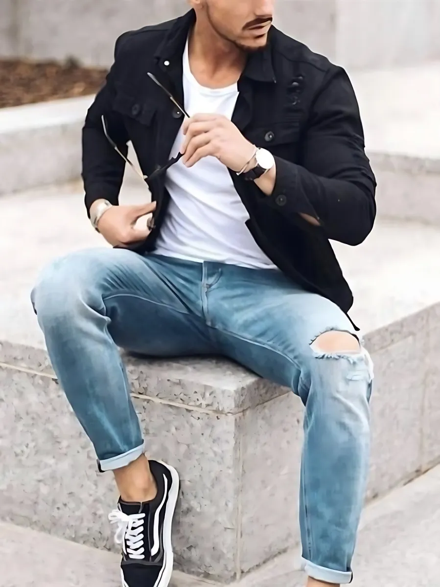 Black Denim Jacket with White T-Shirt and Blue Jeans
