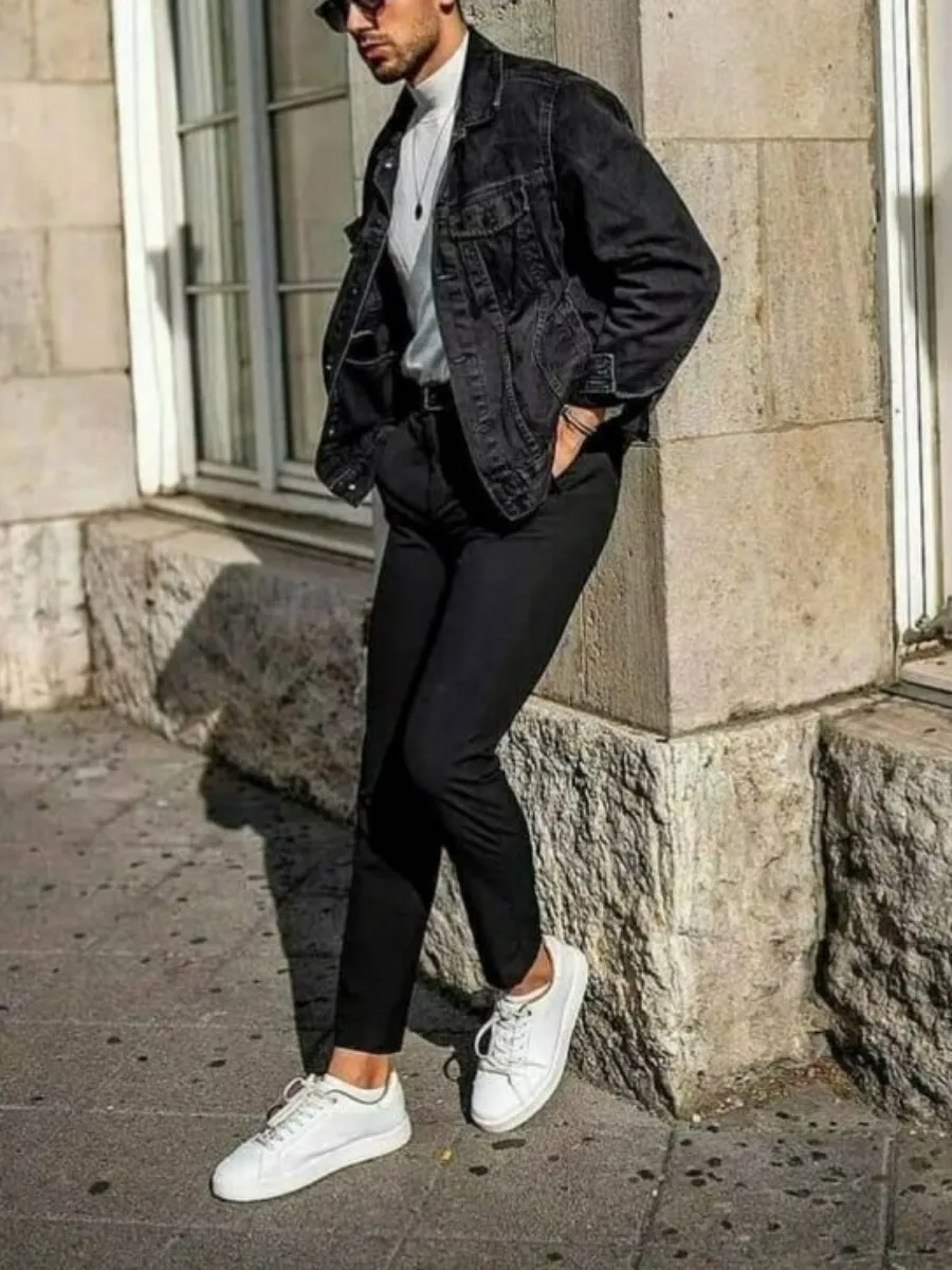 Black denim jacket with white highneck and Black jeans