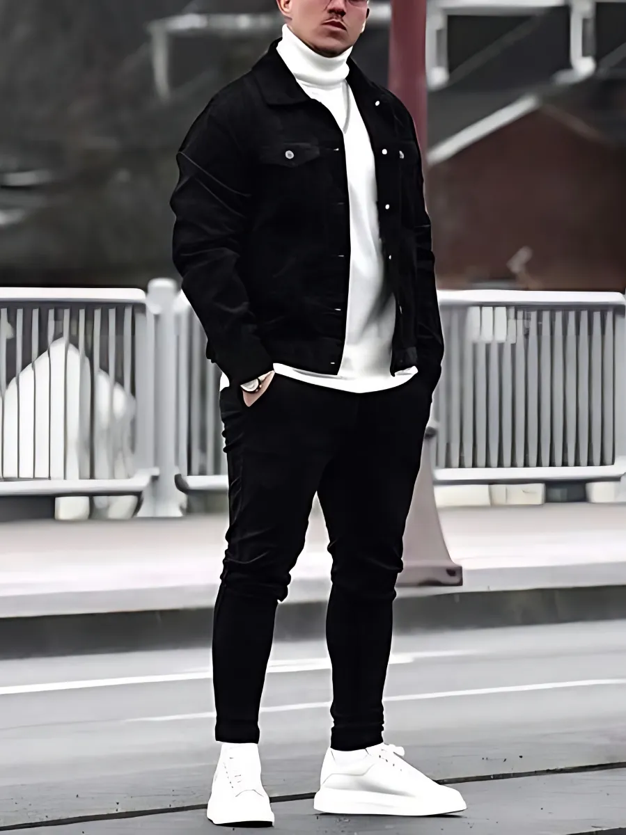 Black denim jacket with white highneck and Black jeans