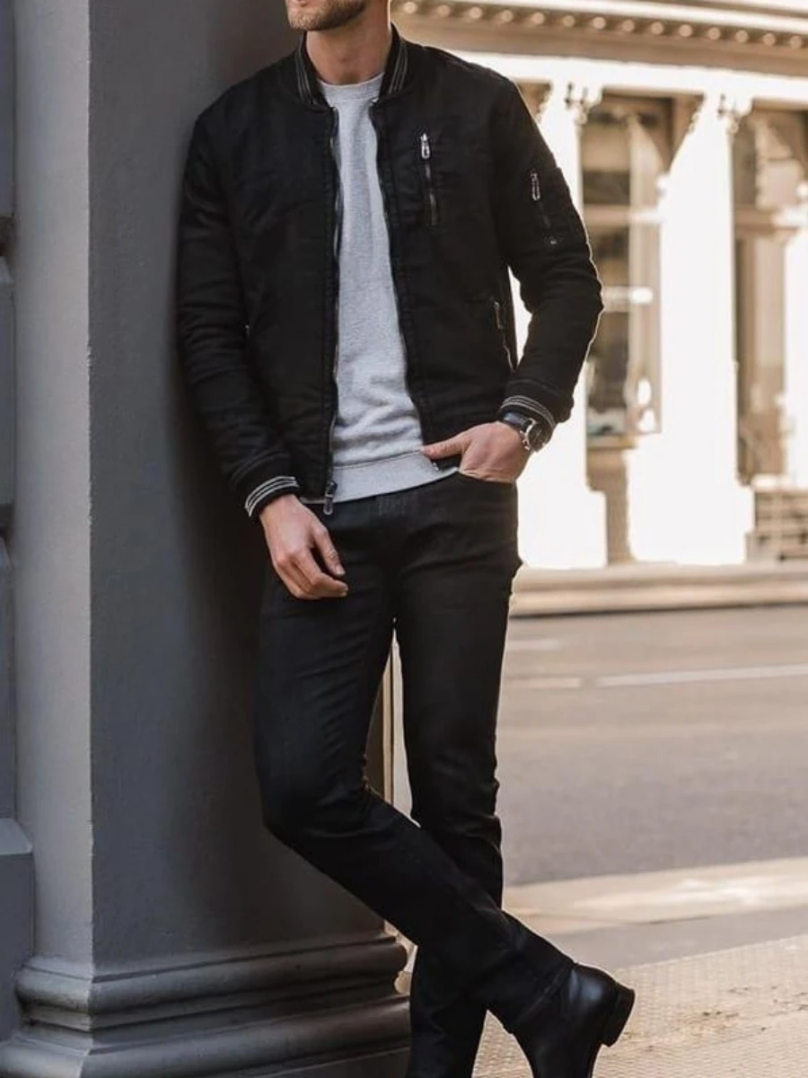 Black Denim Jacket with Grey tshirt and Black Pants