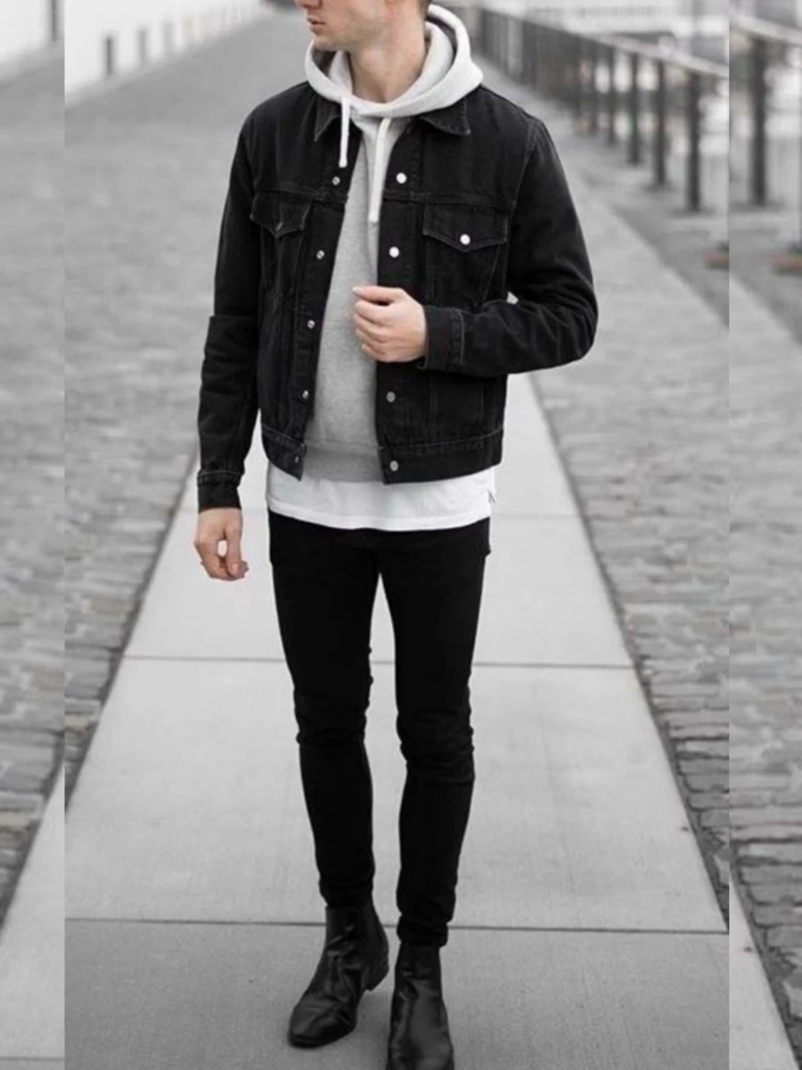 Black Denim Jacket with Grey hoodies and Black jeans