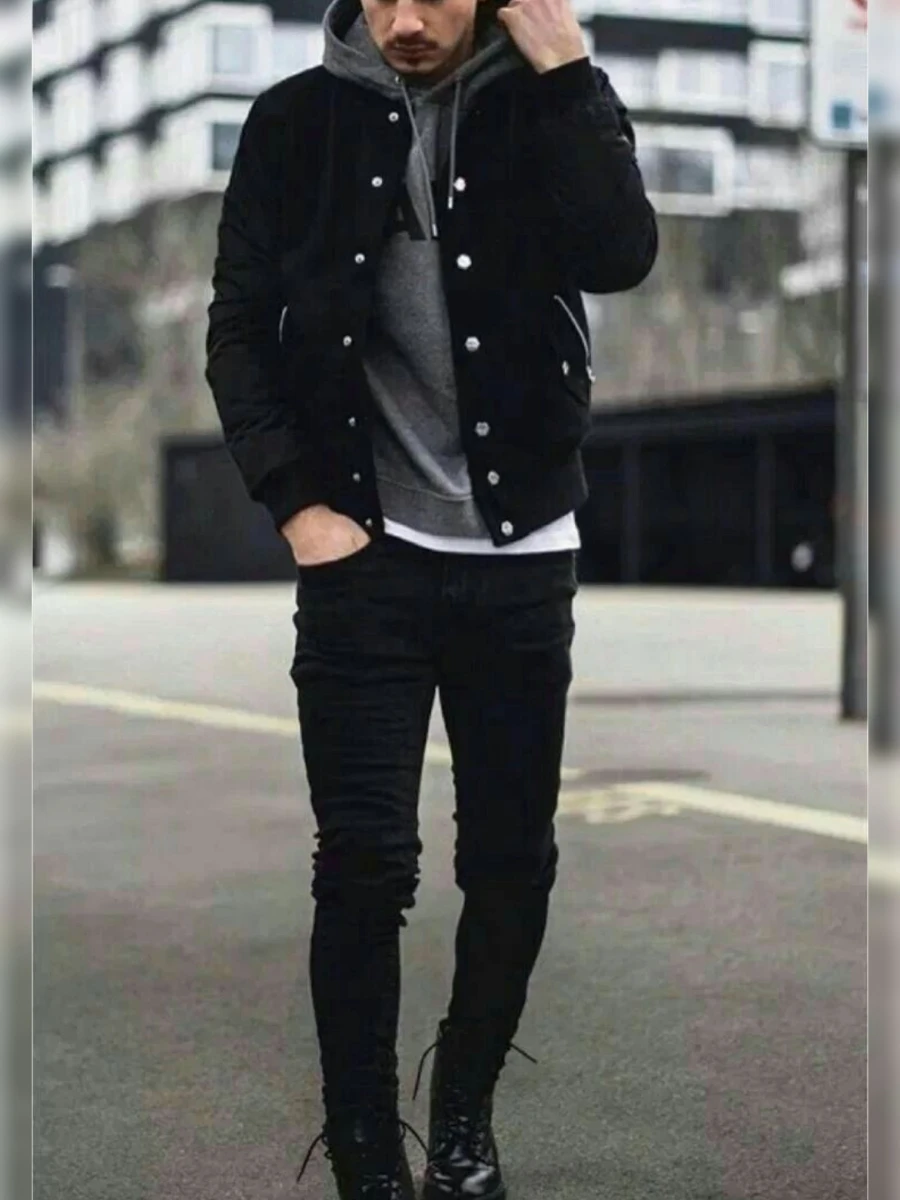 Black Denim Jacket with Grey hoodies and Black jeans