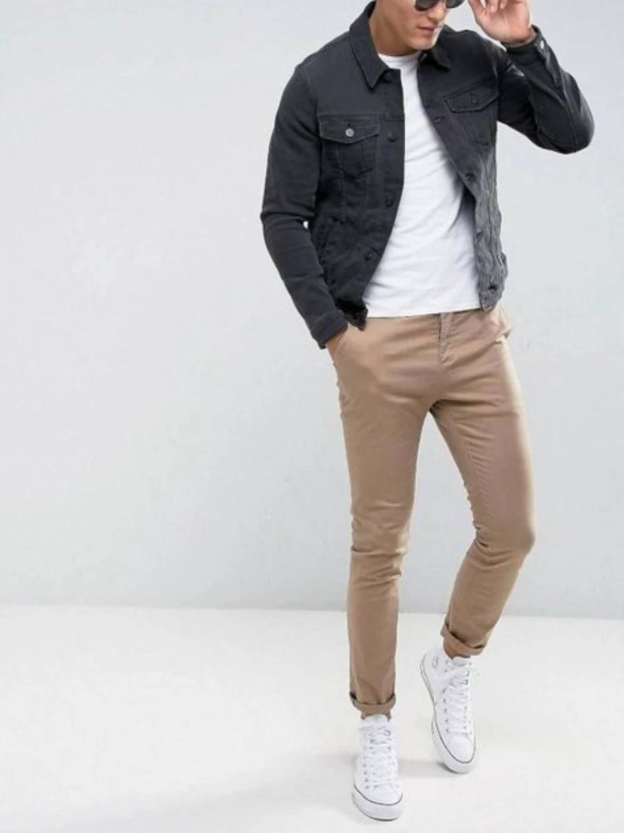 Black Denim Jacket with White tshirt and Cream chinos