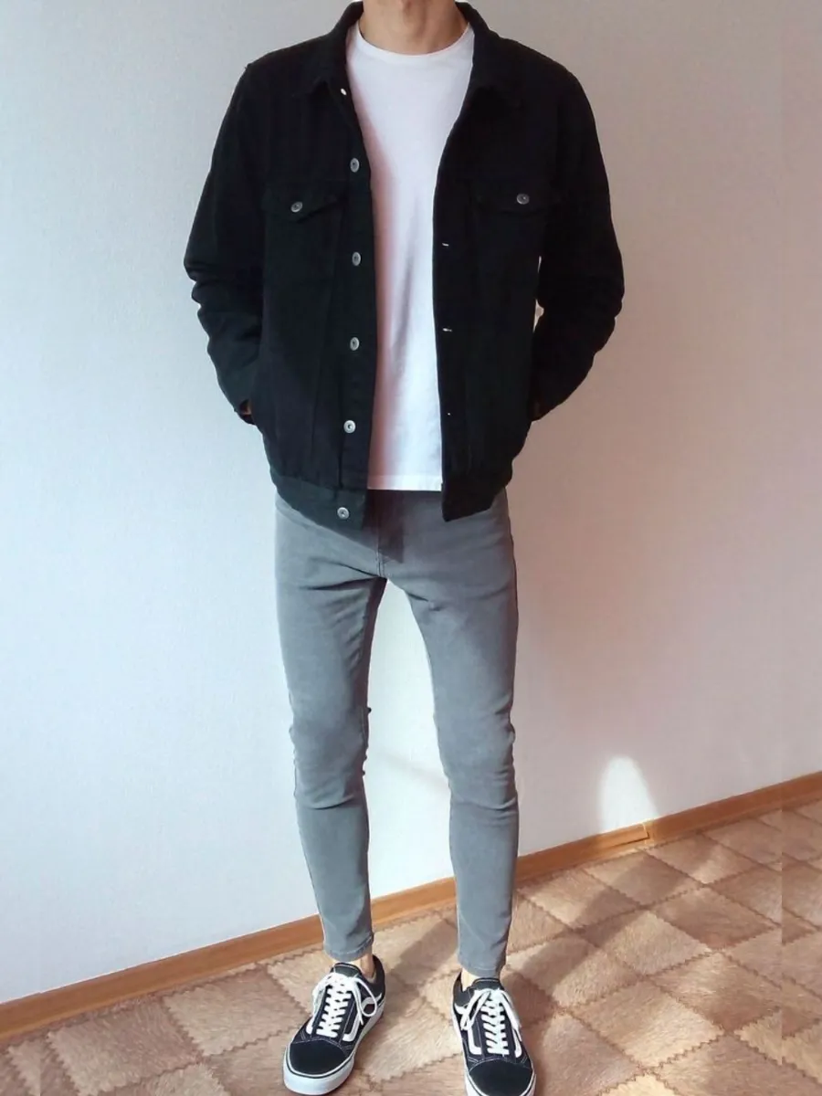 Black Denim Jacket with White tshirt and Grey Chinos