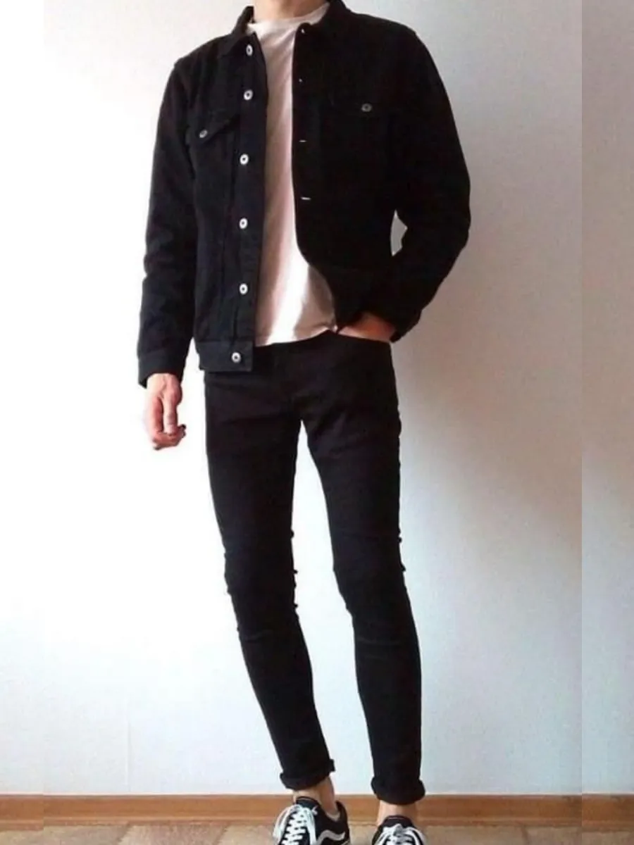 Black Denim Jacket with Beige tshirt and Black Pants