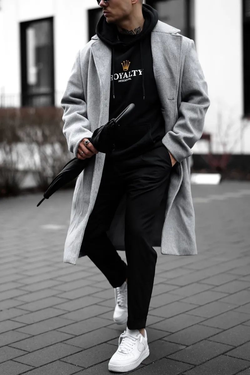 Hoodies with long coat outfit Men